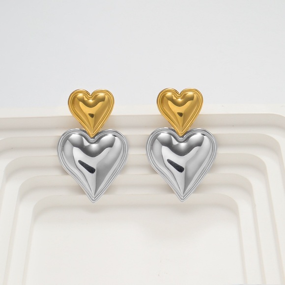 Y2K Waterproof Double Heart Drop Earrings*Waterproof Jewelry*Tarnish Free - Picture 2 of 6